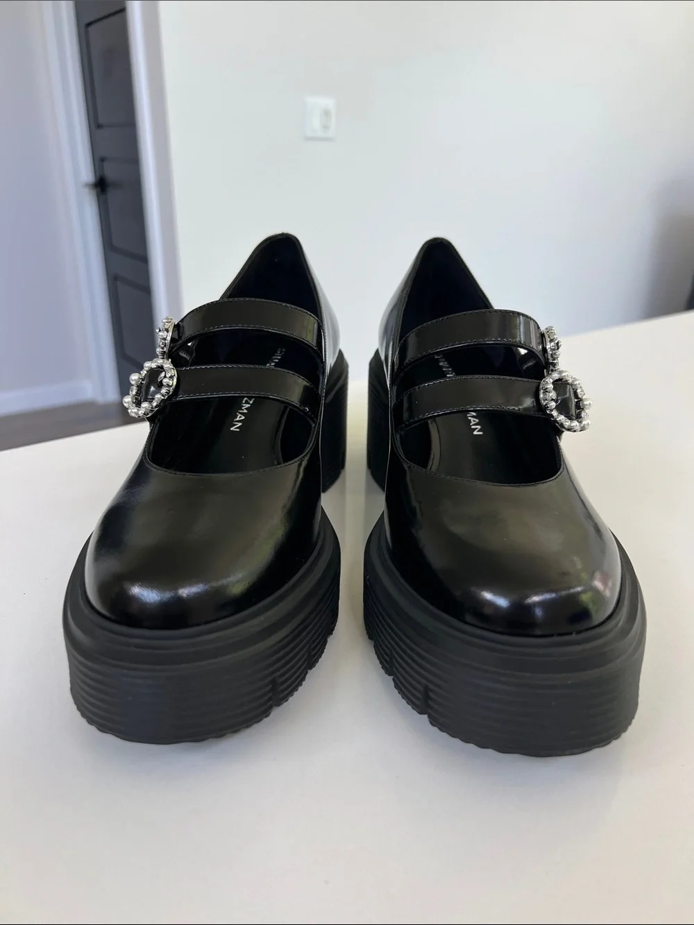 Stuart Weitzman soho leighton mary jane supermoto black leather chunky lug flats